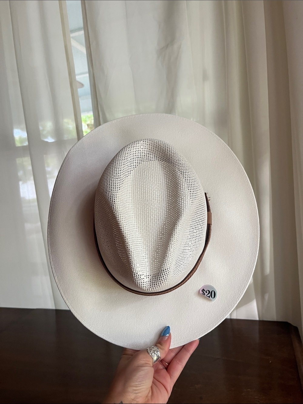 Men's White Straw Fedora Hat with Brown Band